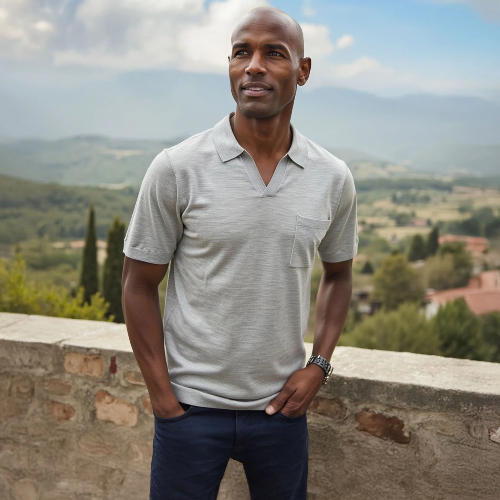 Bellagio Buttonless Short Sleeve Merino Polo Grey - Image 4